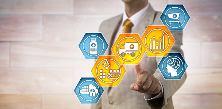 Outline of pharmaceutical logistician activating icons for predictive analytics, materials handling and transportation. IT concept for supply chain management and pharma business logistics.