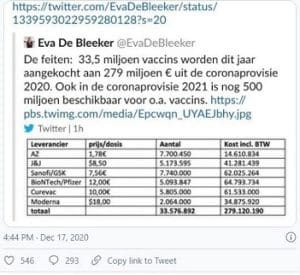 Screen shot of tweet about cost of covid drugs