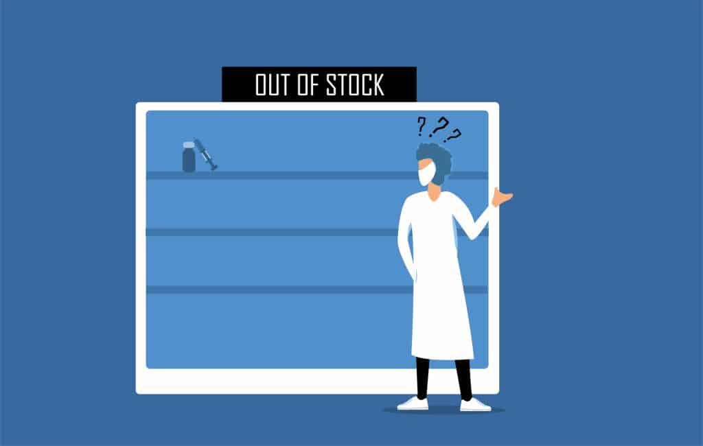 illustration showing doctor in scrubs looking at empty medicine shelf showing medicine shortage concept