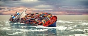 Cargo ship sinking in sea. Showing supply chain disruption concept for SCAIR.