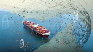 Ship stuck in Strait of Hormuz with graphics of locks in the channel to illustrate concept of global pharma supply chain issues due to Iran war for SCAIR blog.